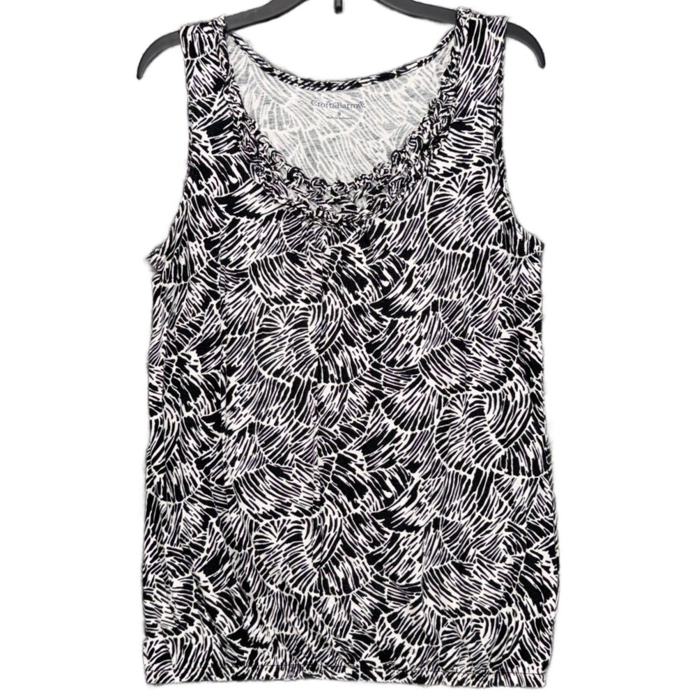 Croft & Barrow Women's Small Black White Tank Top Tropical Palm Leaf Ruffle Neck